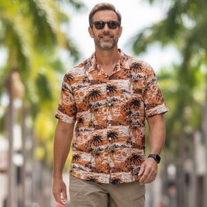 John Varvatos USA Mens Orange Tropical Palm Tree Print Shirt W654V2B Size L